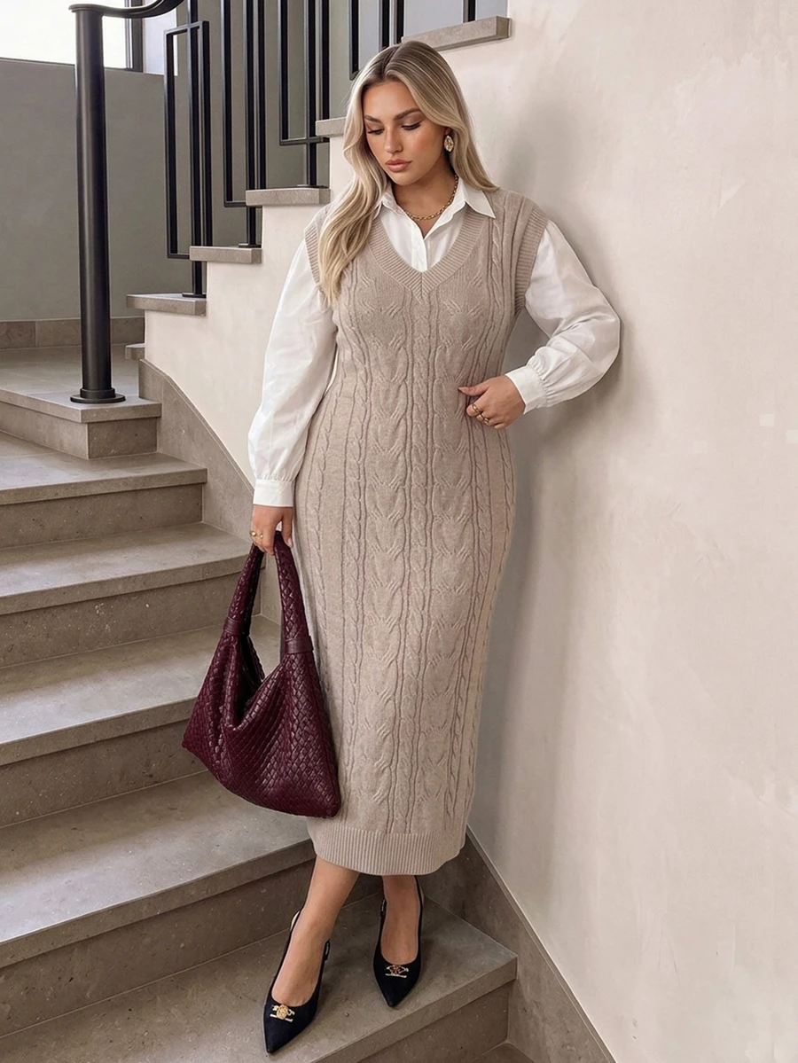 Auralis Women's V-Neck Sleeveless Knee-Length Tank Dress, Loose Knit Long Dress For Autumn/Winter Fall, Fall/Winter, Thanksgiving, New Year