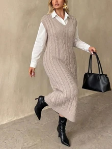 Auralis Women's V-Neck Sleeveless Knee-Length Tank Dress, Loose Knit Long Dress For Autumn/Winter Fall, Fall/Winter, Thanksgiving, New Year - Apricot - View 6