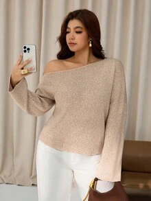 Auralis Plus Size Women Solid Color Asymmetrical Shoulder Drop Shoulder Long Sleeve Fashion Pullover Sweater/One-Shoulder Sweater / Stylish And Comfortable - Khaki - View 3