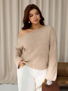 Auralis Plus Size Women Solid Color Asymmetrical Shoulder Drop Shoulder Long Sleeve Fashion Pullover Sweater/One-Shoulder Sweater / Stylish And Comfortable - Khaki - View 6
