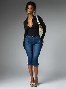 BABYPHAT Capri Denim Jeans With Side Stripe Detail, Logo Embroidery, High Rise Fit And Side Hem Slits - Dark Wash - View 5