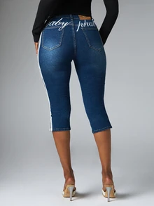 BABYPHAT Capri Denim Jeans With Side Stripe Detail, Logo Embroidery, High Rise Fit And Side Hem Slits - Dark Wash - View 2