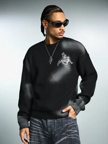 ROMWE MEN Men's Gothic Heart Print Distressed Spray-Painted Streetwear Ribbed Knit Sweater - Black - View 4