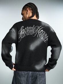 ROMWE MEN Men's Gothic Heart Print Distressed Spray-Painted Streetwear Ribbed Knit Sweater - Black - View 6