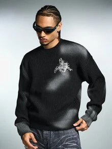 ROMWE MEN Men's Gothic Heart Print Distressed Spray-Painted Streetwear Ribbed Knit Sweater - Black - View 5