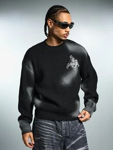 ROMWE MEN Men's Gothic Heart Print Distressed Spray-Painted Streetwear Ribbed Knit Sweater - Black - View 3