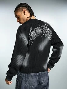 ROMWE MEN Men's Gothic Heart Print Distressed Spray-Painted Streetwear Ribbed Knit Sweater - Black - View 7