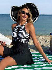 Swim Lushoire Women's Striped Splicing Mesh Halter Casual Coastal Chic Elegant Swim Dress Summer Beach Vacation Black And White Stripe - Black and White - View 5