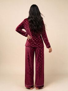 Amorya Women's Lapel Cardigan Heart Jacquard Velvet Pajama Long Sleeve Pants Set Sleep Burgundy Autumn Cute Fluffy - Burgundy - View 2