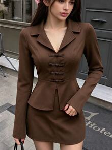 SHEIN PariChic 女款極簡復古優雅法式風格青蛙鈕扣設計長袖上衣與裙子兩件套 辦公室棕色調 秋季 - 咖啡棕 - 查看 2