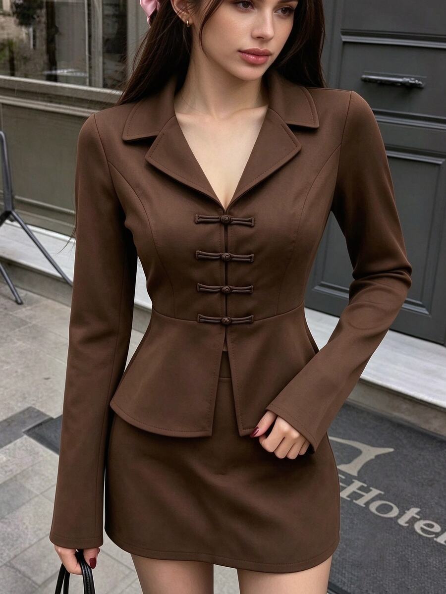 SHEIN PariChic 女款極簡復古優雅法式風格青蛙鈕扣設計長袖上衣與裙子兩件套 辦公室棕色調 秋季