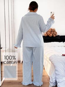 Napfluff CURVE Napfluff CURVE 100% Cotton Ruffle Collar Button-Down Long Sleeve Pants Pajama Set Plus Size - Blue - View 2