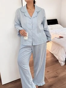 Napfluff CURVE Napfluff CURVE 100% Cotton Ruffle Collar Button-Down Long Sleeve Pants Pajama Set Plus Size - Blue - View 3