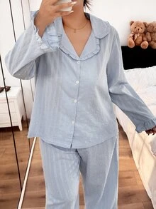 Napfluff CURVE Napfluff CURVE 100% Cotton Ruffle Collar Button-Down Long Sleeve Pants Pajama Set Plus Size - Blue - View 5