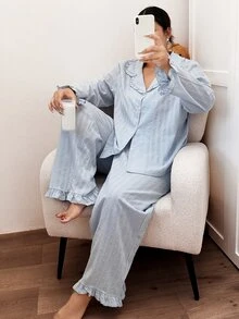 Napfluff CURVE Napfluff CURVE 100% Cotton Ruffle Collar Button-Down Long Sleeve Pants Pajama Set Plus Size - Blue - View 6