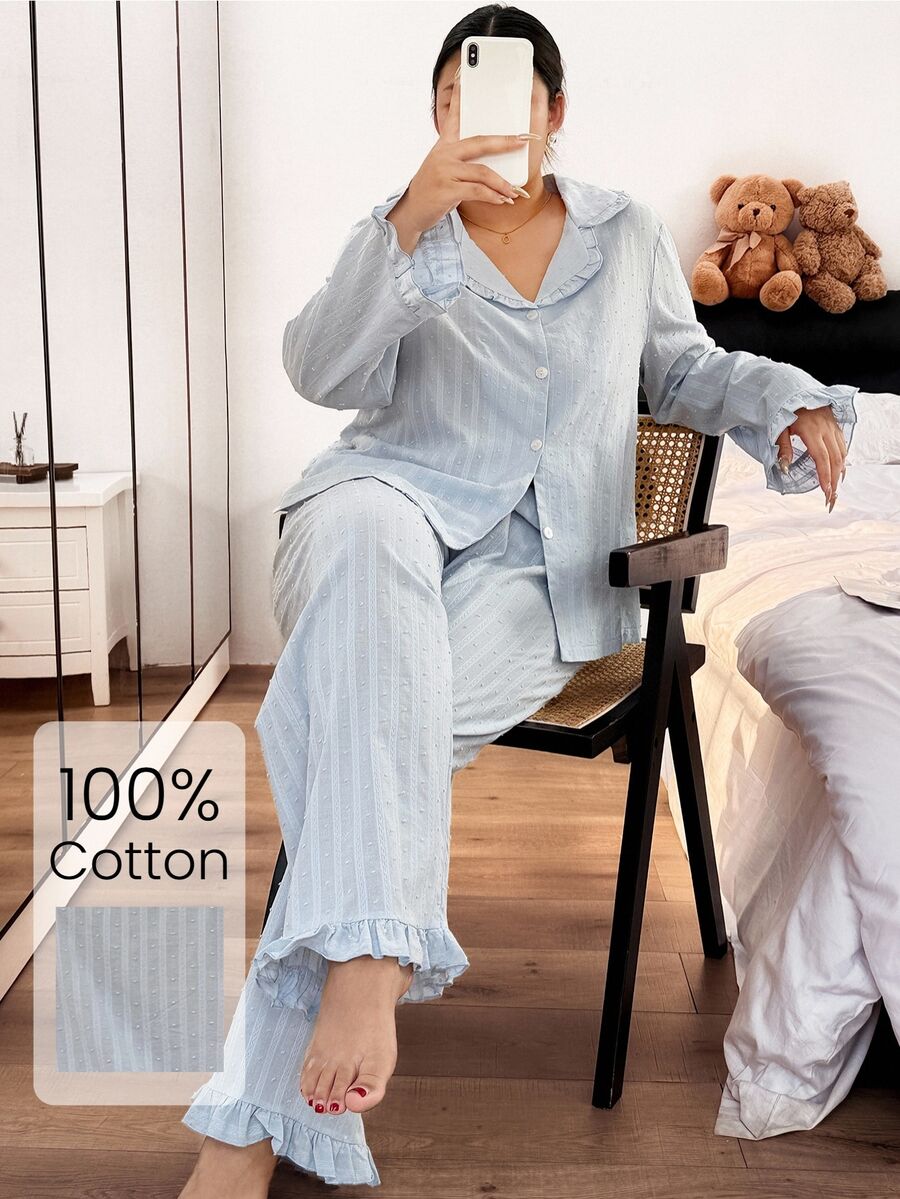 Napfluff CURVE Napfluff CURVE 100% Cotton Ruffle Collar Button-Down Long Sleeve Pants Pajama Set Plus Size - Blue - View 1