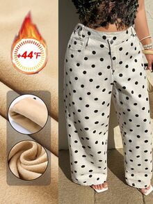 Rivivi Asymmetrical Waist Fashion Casual Vacation Polka Dot Denim Long Pants - Black and White - View 1