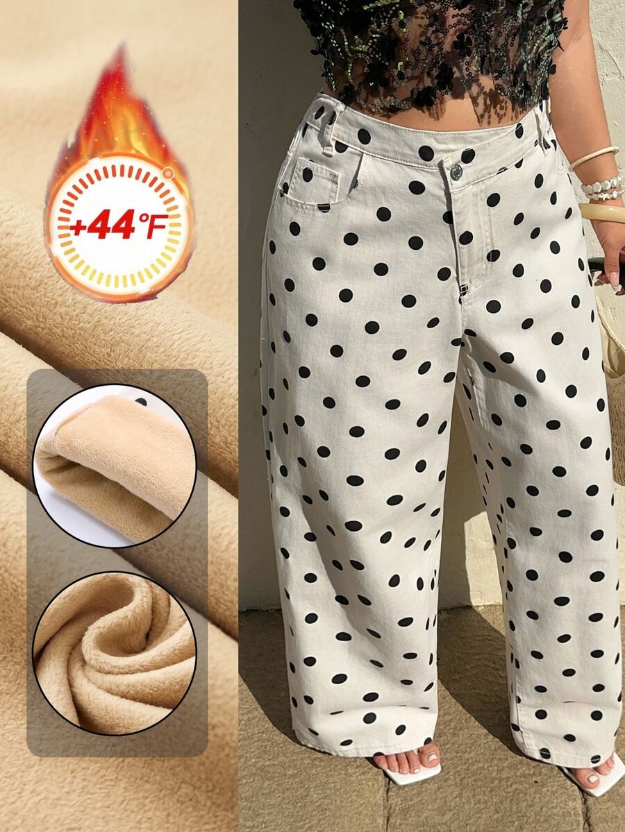 Rivivi Asymmetrical Waist Fashion Casual Vacation Polka Dot Denim Long Pants - Black and White - View 1