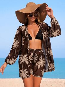 Swim Lushoire Women's Beach Vacation Outfit, Mesh Fabric Coconut Tree Print Long Sleeve Cover Up Top, Printed Drawstring Shorts, Cover-Up Set - Coffee Brown - View 4