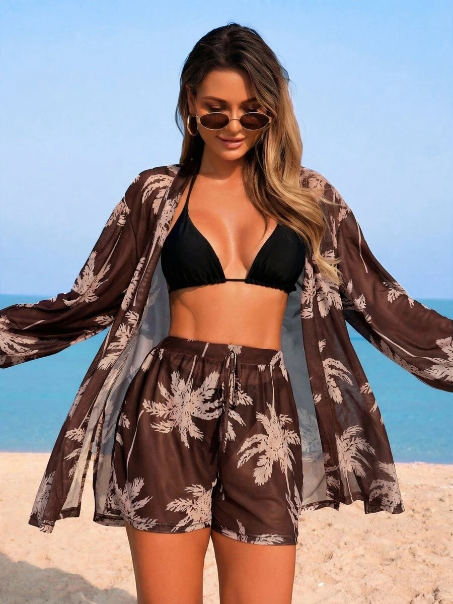 Swim Lushoire Women's Beach Vacation Outfit, Mesh Fabric Coconut Tree Print Long Sleeve Cover Up Top, Printed Drawstring Shorts, Cover-Up Set - Coffee Brown - View 1