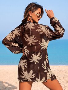 Swim Lushoire Women's Beach Vacation Outfit, Mesh Fabric Coconut Tree Print Long Sleeve Cover Up Top, Printed Drawstring Shorts, Cover-Up Set - Coffee Brown - View 2