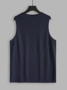 Manfinity Homme Men's Spring/Summer Waffle Knit Navy & Khaki Textured Fabric Patch Pocket Mature Casual Sleeveless Tank Top - Navy Blue - View 2