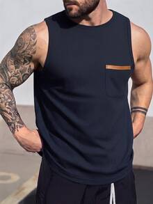 Manfinity Homme Men's Spring/Summer Waffle Knit Navy & Khaki Textured Fabric Patch Pocket Mature Casual Sleeveless Tank Top - Navy Blue - View 3