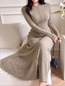 Feyla 女款灰色純色休閒極簡優雅派對日常約會早午餐洋裝 秋季 - 卡其色 - 查看 6