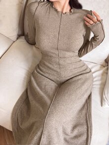 Feyla 女款灰色純色休閒極簡優雅派對日常約會早午餐洋裝 秋季 - 卡其色 - 查看 5