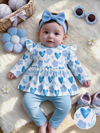 Ensemble 2 pièces pour bébé fille nouveau-né, imprimé aquarelle mignon cœur doux & floral, Top A-line à manches longues avec volants et manches papillon et leggings, tissu doux, convient pour Noël, automne/hiver