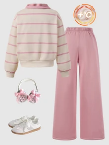 SHEIN Tween Girls Fall Winter Fleece Lined Striped Half Zip Sweatshirt And Solid Color Straight Leg Sweatpants Casual Cozy Knit Two Pieces Tracksuit 2pcs Set - Dusty Pink - View 2