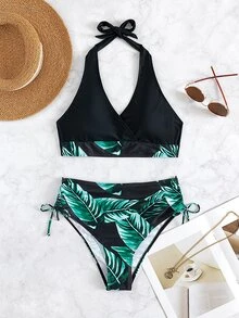 SHEIN Swim Bikini de cintura alta con estampado tropical y cintas laterales ajustables para playa de verano - Verde - Ver 4