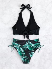 SHEIN Swim Bikini de cintura alta con estampado tropical y cintas laterales ajustables para playa de verano - Verde - Ver 3