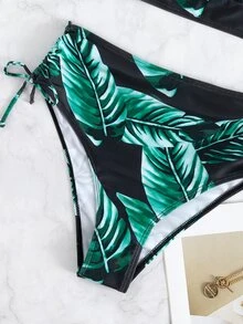 SHEIN Swim Bikini de cintura alta con estampado tropical y cintas laterales ajustables para playa de verano - Verde - Ver 6
