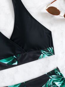 SHEIN Swim Bikini de cintura alta con estampado tropical y cintas laterales ajustables para playa de verano - Verde - Ver 5