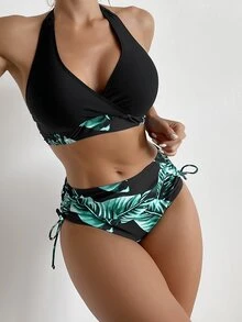SHEIN Swim Bikini de cintura alta con estampado tropical y cintas laterales ajustables para playa de verano - Verde - Ver 2