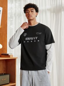 SWAVVY 男士印花 2 合 1 長袖 T 恤 - 黑色 - 查看 1