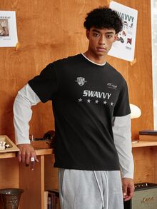 SWAVVY 男士印花 2 合 1 長袖 T 恤 - 黑色 - 查看 5