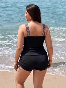 SHEIN CURVE+ Women's Plus Size 2-Piece Leopard Print Textured Fabric Thick Strap Ruched Drawstring Bikini Set With Bikini Bottoms For Vacation Beach - Multicolor - View 3