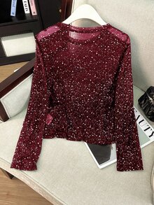 Calvaya Blusa de manga larga con cuello redondo, parches de malla y detalles metálicos en color rojo - Burdeos - Ver 3