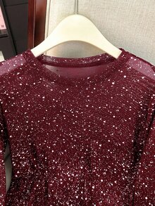 Calvaya Blusa de manga larga con cuello redondo, parches de malla y detalles metálicos en color rojo - Burdeos - Ver 5