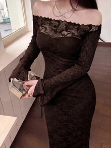 Feyla 女款優雅成熟性感純色蕾絲露肩洋裝，深棕色，適合秋季晚宴派對 - 咖啡棕 - 查看 4