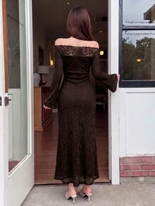 Feyla 女款優雅成熟性感純色蕾絲露肩洋裝，深棕色，適合秋季晚宴派對 - 咖啡棕 - 查看 2