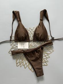 SHEIN Swim Straps Tie Back Brown Bikini Set For Women Plain Thong Bottoms Summer Swimwear - Brown - View 3