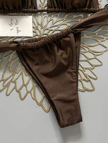 SHEIN Swim Straps Tie Back Brown Bikini Set For Women Plain Thong Bottoms Summer Swimwear - Brown - View 5