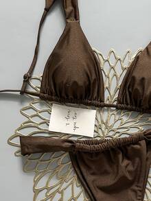 SHEIN Swim Straps Tie Back Brown Bikini Set For Women Plain Thong Bottoms Summer Swimwear - Brown - View 6