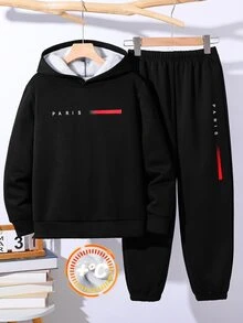 SHEIN 青少年男孩休閒運動學院風極簡寬鬆字母圖案羊毛內裡長袖連帽衛衣與運動長褲2件套，適合通勤、上學、日常休閒、戶外運動，秋冬款 - 黑色 - 查看 2