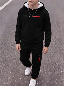 SHEIN 青少年男孩休閒運動學院風極簡寬鬆字母圖案羊毛內裡長袖連帽衛衣與運動長褲2件套，適合通勤、上學、日常休閒、戶外運動，秋冬款 - 黑色 - 查看 5