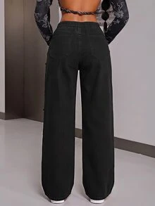 SHEIN ICON Plus Size Fashion Versatile Button Pocket Frayed Hem Loose Fit Denim Jeans Date Night Brunch Black Summer 90s - Black - View 2