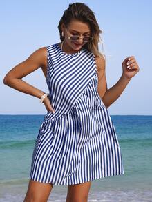 Swim Lushoire Women's Summer Beach Sleeveless Striped Print Asymmetrical Splice Vacation Dress - Blue - View 3